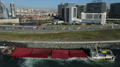 A sunken cargo ship that hit the shore is damaging the environment. Stock Footage 148431770