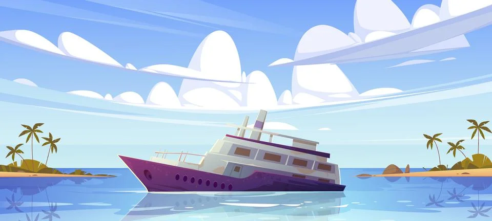 Sunken cruise ship in ocean near tropical island Stock Illustration
