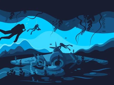 Sunken plane on ocean bottom Stock Illustration