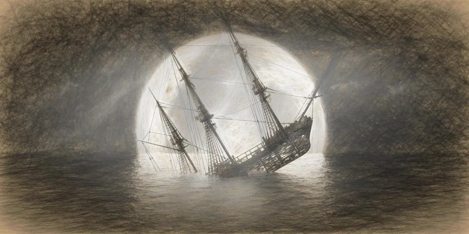 Sunken ship on the background of a large full moon, pencil sketch Stock Illustration