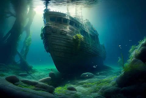 Sunken ship at the bottom of the ocean. old sunken ship. Stock Illustration