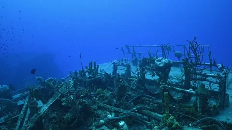 A sunken ship provides an artificial reef underwater in Caymn Brac Stock Footage 160935385