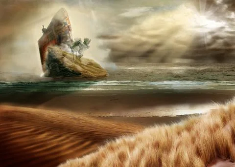 Sunken ship on the reef beach under a severe storm: Post apocalyptic landscape Stock Illustration