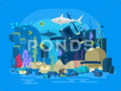 Sunken ship under water Stock Illustration