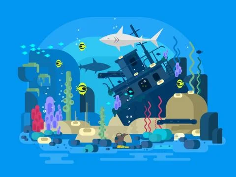 Sunken ship under water Stock Illustration