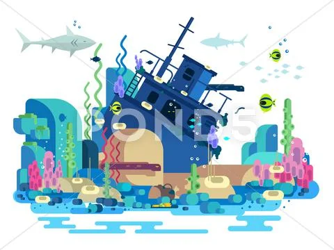 Sunken ship under water Stock Illustration