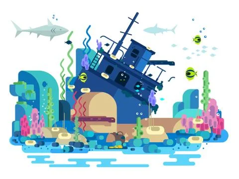 Sunken ship under water Stock Illustration