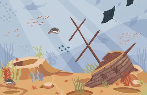 Sunken ship vector flat illustration. Broken boat underwater in a blue sea Stock Illustration
