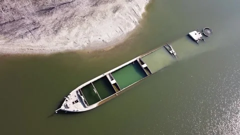 Sunken ships of the second world war in the river Po, Gualtieri, Italy Stock Footage 194454474