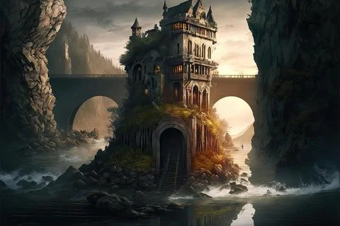 A Sunken Structure By A Large River Stock Illustration