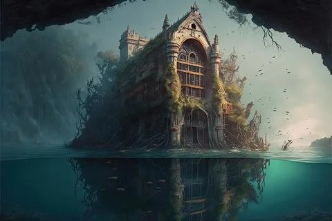 A Sunken Structure By A Large River Stock Illustration