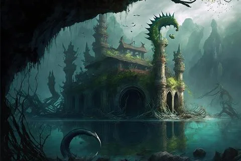 A Sunken Structure In A Tropical Oasis Stock Illustration