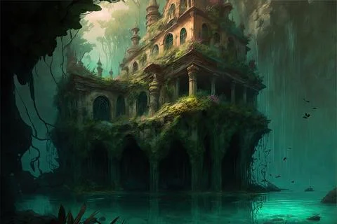 A Sunken Structure In A Tropical Oasis Stock Illustration