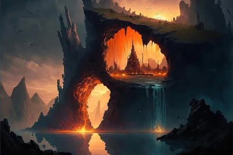 A Sunken Structure On A Volcano Stock Illustration