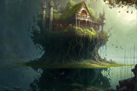 A Sunken Structure Within A Swamp Stock Illustration