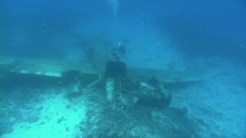 Sunken Type 1 Land Attack Aircraft in the Ocean Stock Footage 332764889