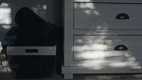 Sunlight and leaf shadows move across a white wooden dresser 動画素材 344992430