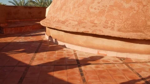 Sunlight and Shadows on Terracotta Villa Terrace in Marrakesh, Morocco Stock Footage 342682237