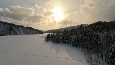 Sunlight and tree shadows on frozen reservoir lake and woodland landscape Stock Footage 265637982