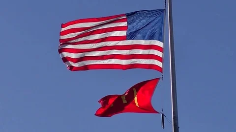 Sunlight background, US American and McDonalds flags waving Stock Footage 85189015