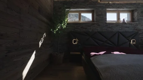 Sunlight beams moving across a rustic yet modern bedroom with wood and stone Stock-Footage 335757023