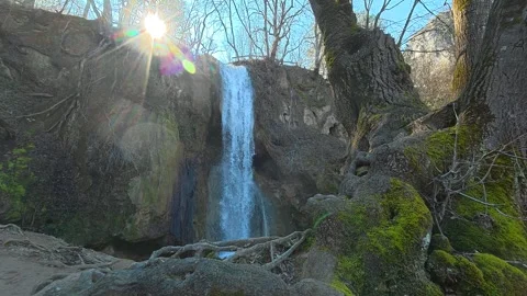 Sunlight beams through trees, illuminating a waterfall. Mount Ozren Видео 330928664