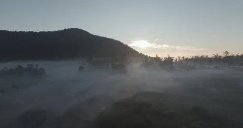 Sunlight behind the mountains with thick fog in the morning Stock Footage 296264903