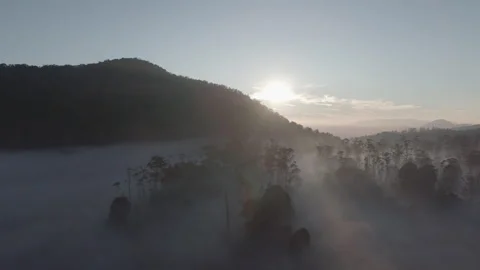 Sunlight behind the mountains with thick fog in the morning Stock Footage 296265010