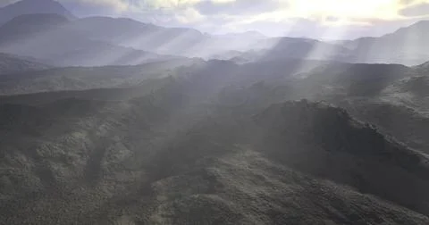 Sunlight breaking through clouds over mountainous landscape at dawn Stock Illustration