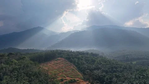 Sunlight Breaking Through Cloudy Sky Over Lush Green Mountain Forest Landscape Vídeos de archivo 344811117