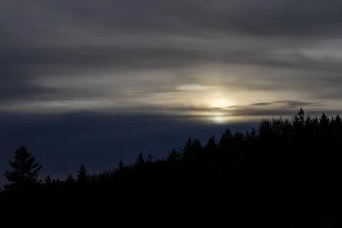 Sunlight breaks through dark dramatic clouds above a dark pine forest Stock Photos