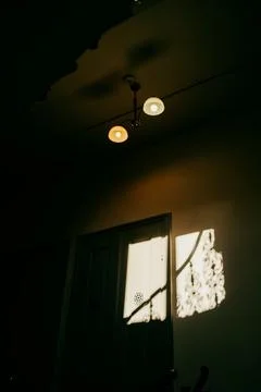 Sunlight casting decorative shadows on wall in dark room with ceiling lamp 스톡 사진