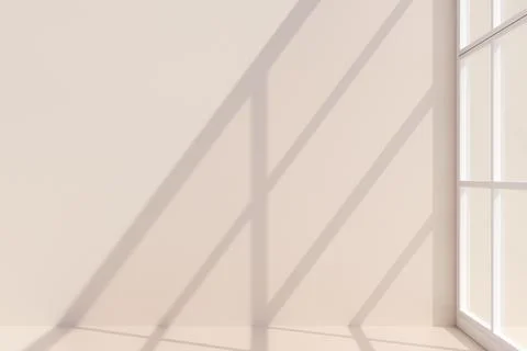 Sunlight casting geometric shadows on a beige wall near a window. Illustrazione stock