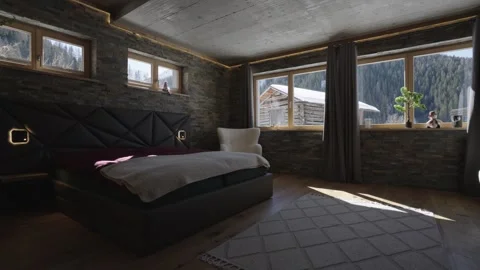 Sunlight casting moving shadows across a rustic yet modern mountain chalet 스톡 동영상 335756971