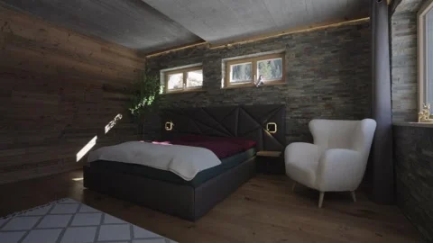 Sunlight casting moving shadows across a cozy mountain chalet bedroom with Vidéo 335757019