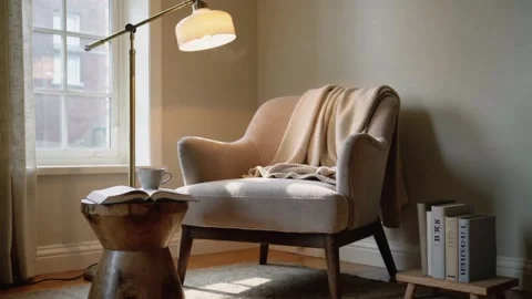 Sunlight casting moving shadows across a comfortable armchair in a tranquil Stock Footage 335786261