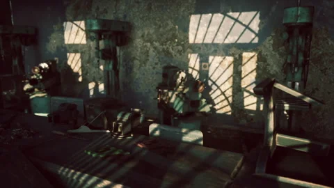 Sunlight casting shadows in an abandoned workshop during late afternoon Stock Footage 304467478