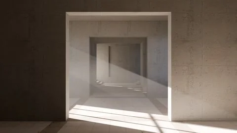 Sunlight casting through geometric concrete corridor. 3d animation Stock Footage 311019400