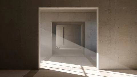 Sunlight casting through geometric concrete corridor. 3d render Stock Illustration