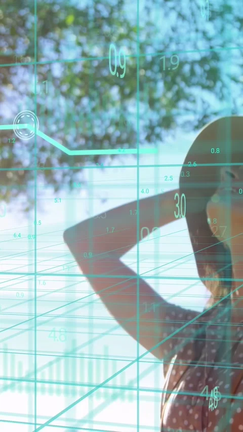 Sunlight causing woman holding wide-brim hat in yard while teal AR data chart Stock Footage 332644830