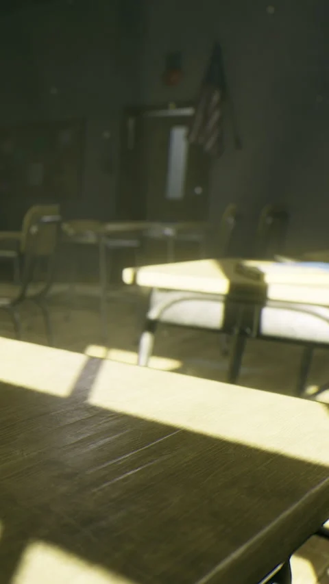 Sunlight dances across empty classroom desks in quiet afternoon hours Stock Footage 334246832
