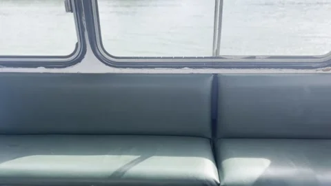 Sunlight Entering Old Ferry Interior Through Large Windows Over River2 Vídeos de archivo 342030849