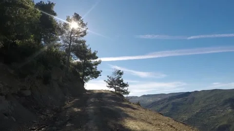 Sunlight entering through the branches of trees on a mountain country road Video stock 148483533