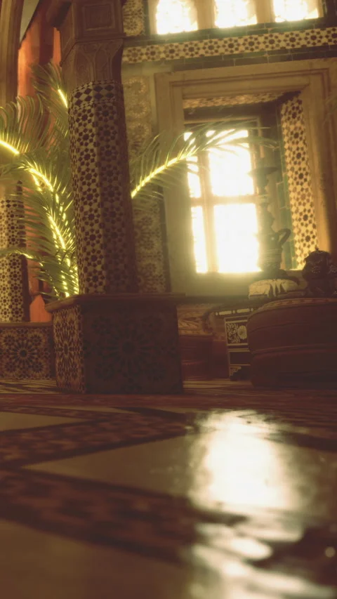 Sunlight enters a Moroccan room with patterned tiles and rich textures Stock Footage 331709299