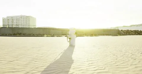 Sunlight filtering through a coastal landscape with sand and buildings in vie Ilustración de archivo