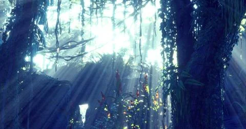 Sunlight filtering through dense jungle canopy in serene wilderness Stock Illustration