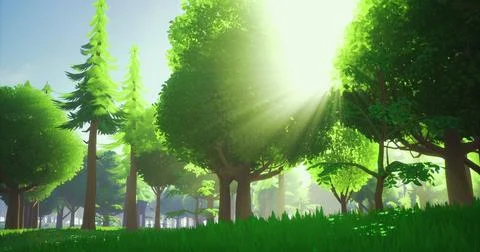 Sunlight filtering through lush trees in a vibrant forest during midday Stock Illustration
