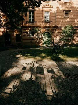 Sunlight filtering through trees casts shadow of wrought iron gate onto Stock Photos