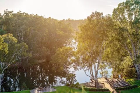 Sunlight Filtering Through Trees On A River Stock Photos