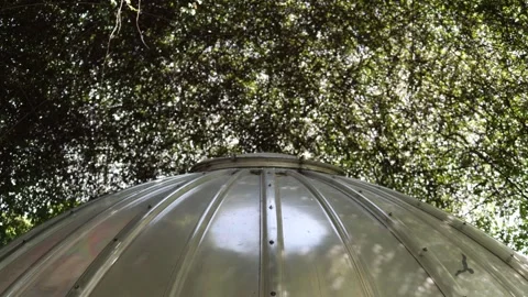 Sunlight filters through dense foliage above a metallic dome creating a tranquil Stock Footage 312697136